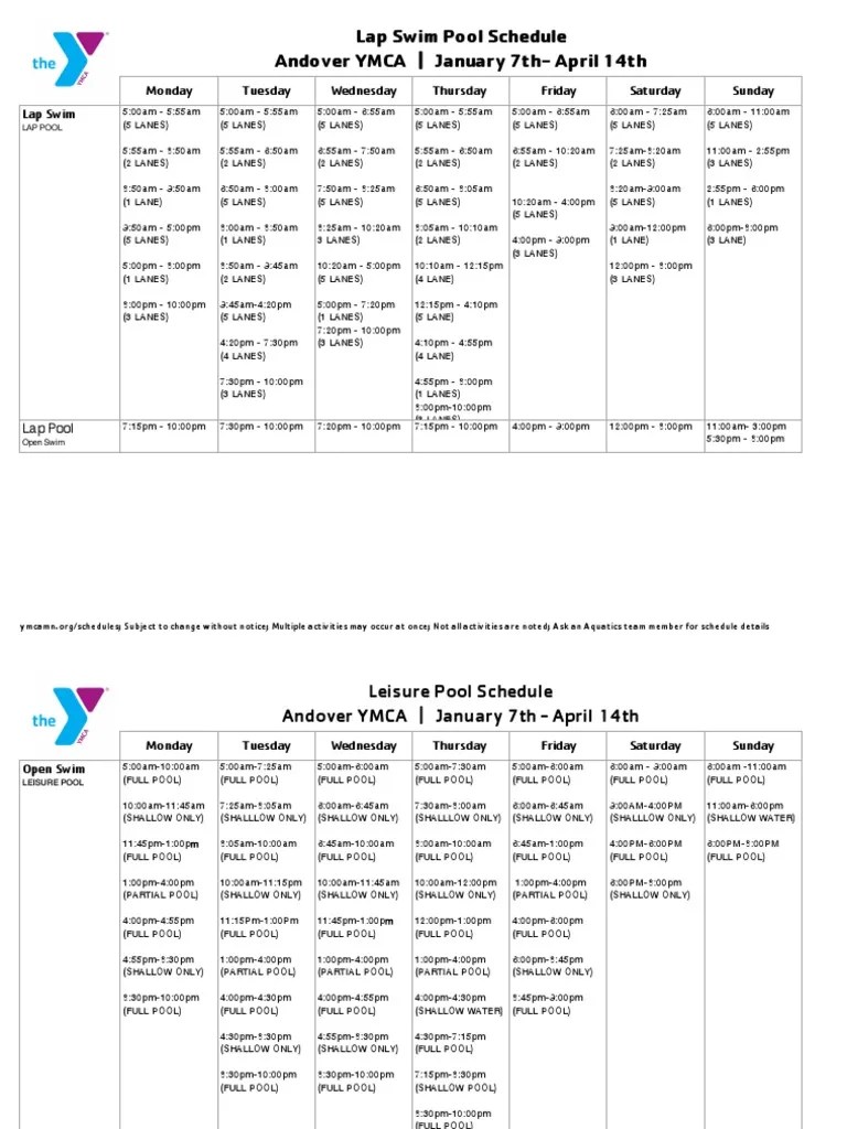 Lap Swim Pool Schedule Andover YMCA January 7thApril 14th PDF