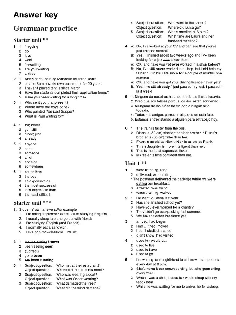 Grammar Practice: Answer Key | PDF | Leisure