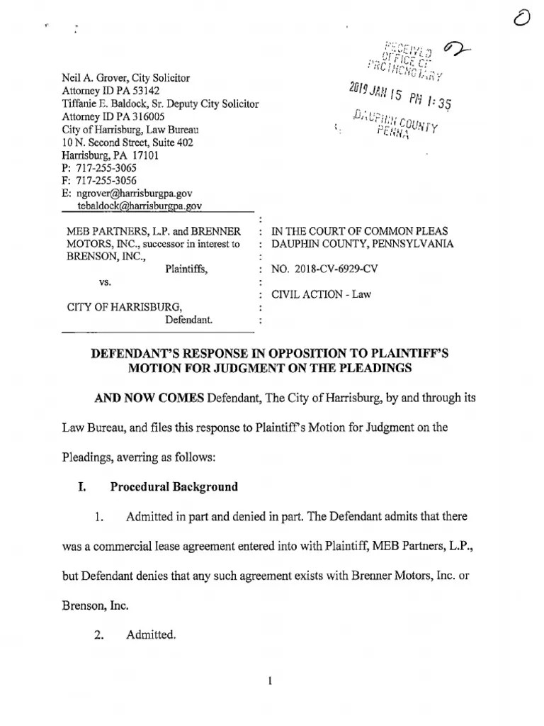 Harrisburg's Response in Opposition To Plaintiff's Motion For Judgement