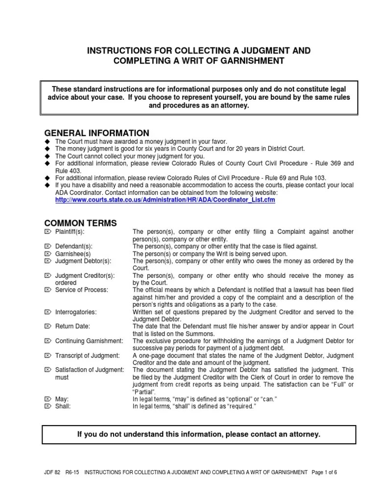 JDF 82 How To Collect A Judgment and Issuing A Writ of Garnishment