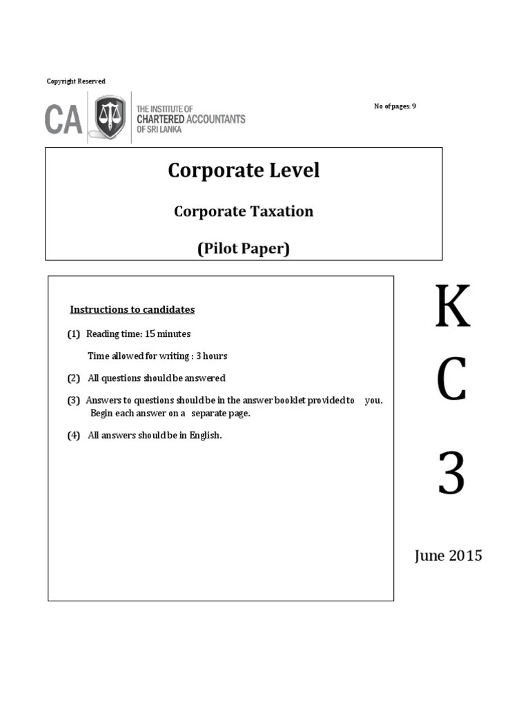 Corporate Level Corporate Taxation (Pilot Paper) PDF Expense Taxes
