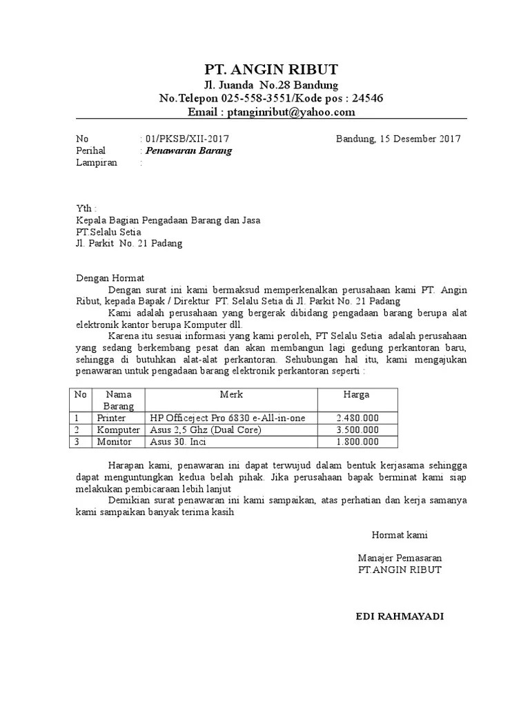 Contoh Surat Balasan Penawaran Barang Bahasa Inggris