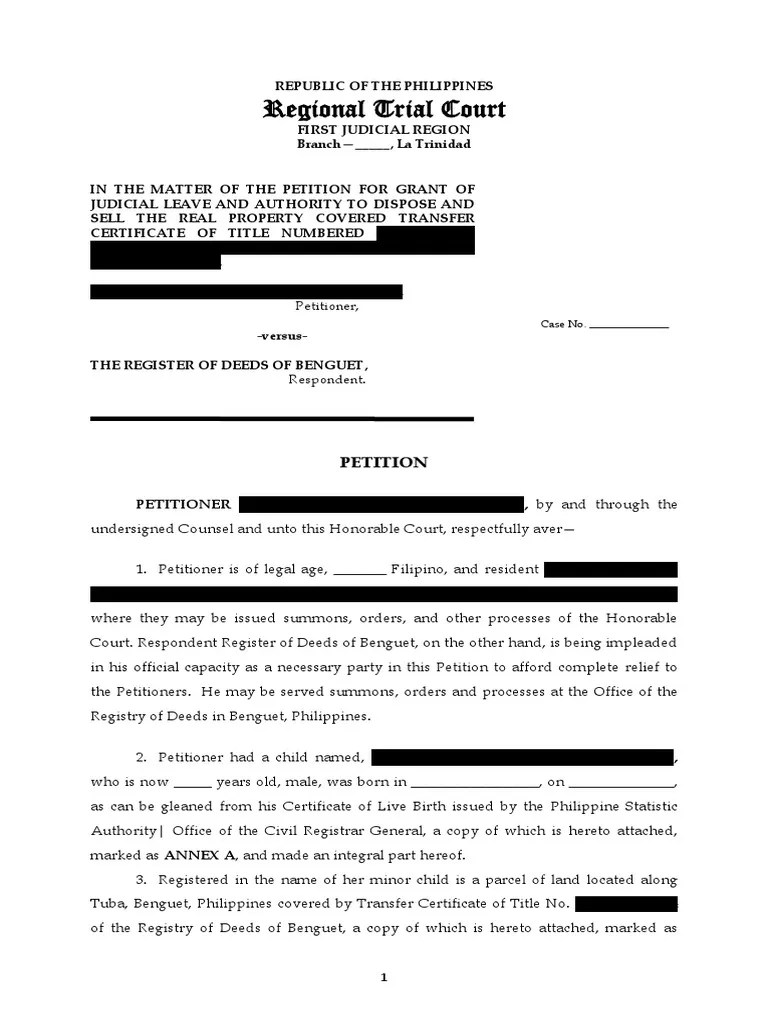 Sample Petition To Encumber Real Property PDF Deed Civil Law