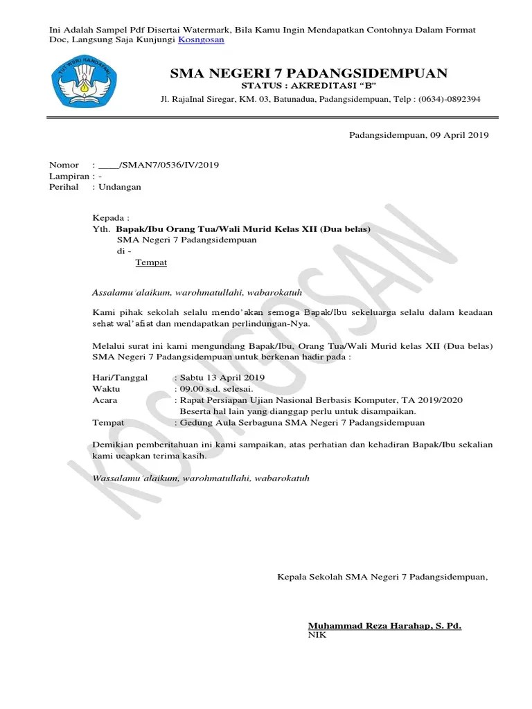 Contoh Surat Undangan Rapat Orangtua Murid | PDF