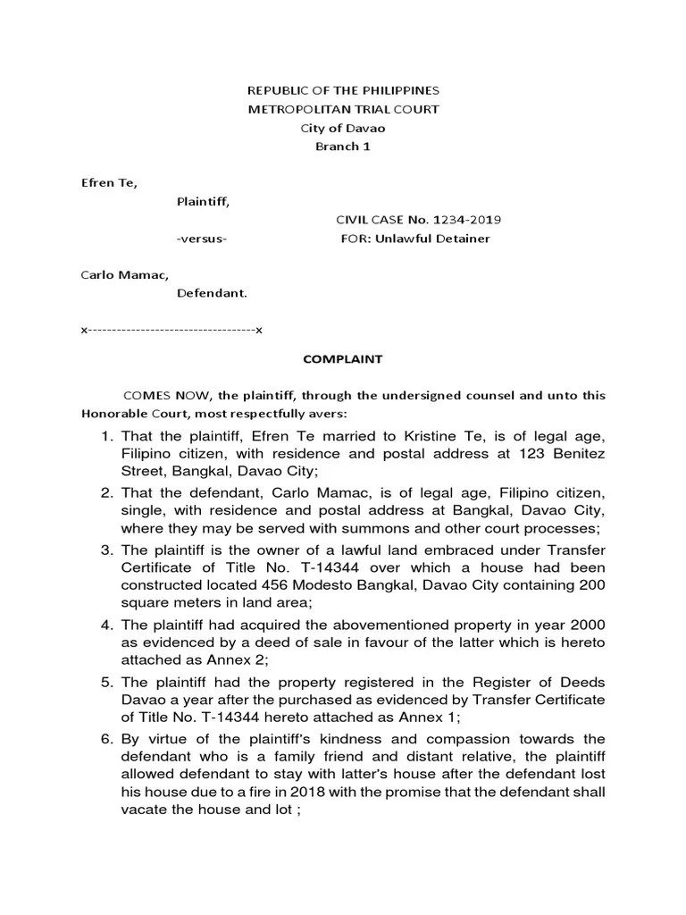 Complaint for Unlawful Detainer Group 1 Lawsuit Complaint