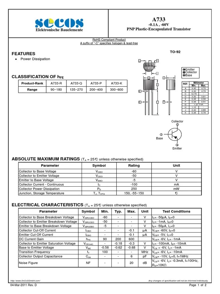 A 733 | PDF | Bipolar Junction Transistor | Electrical Components