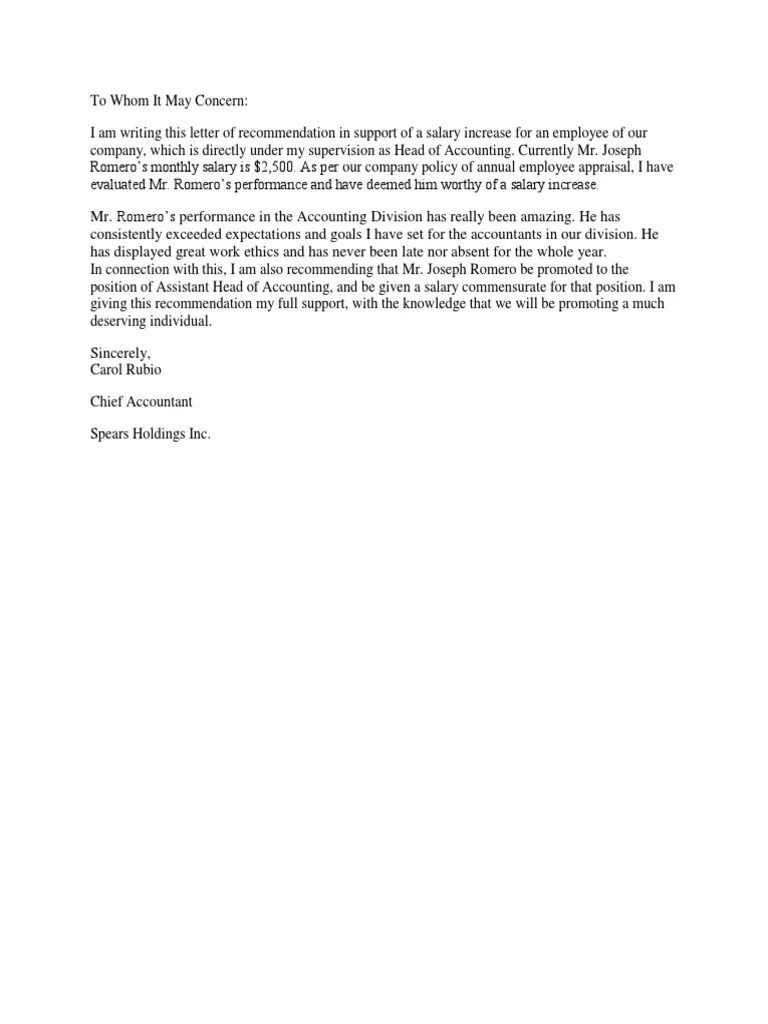 Salary Increase Recommendation Letter Sample