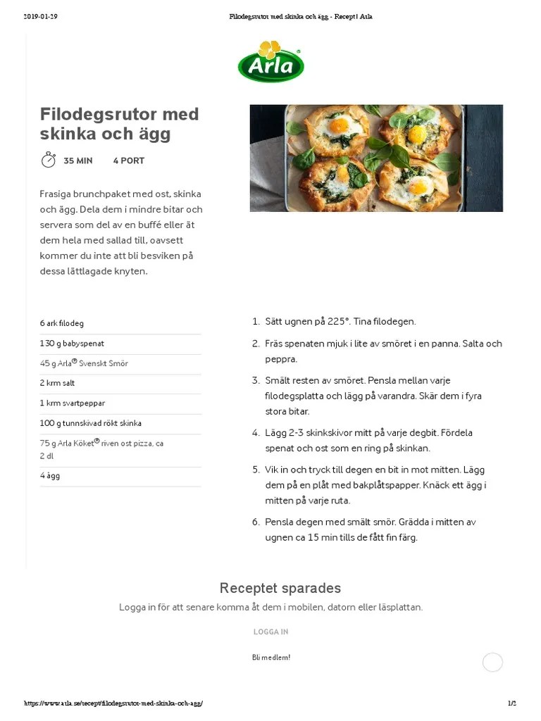 Filodegsrutor Med Skinka Och Ägg - Recept - Arla | Pdf