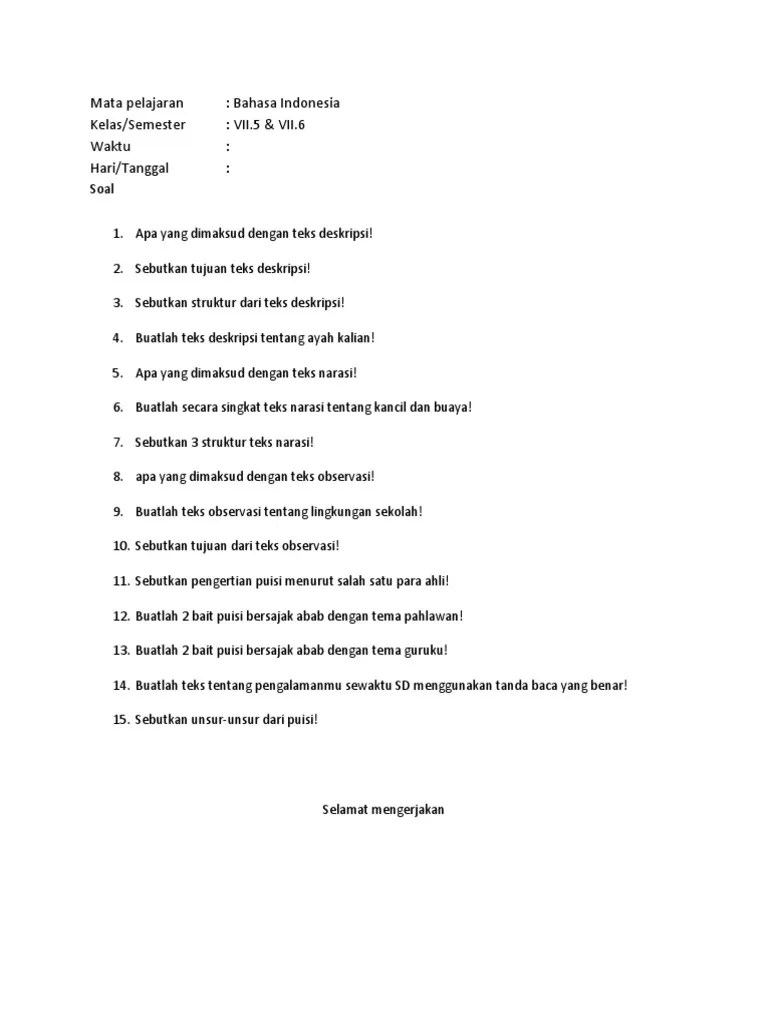 Soal Bahasa Indonesia Kelas 7.5 &amp; 7.6 | PDF