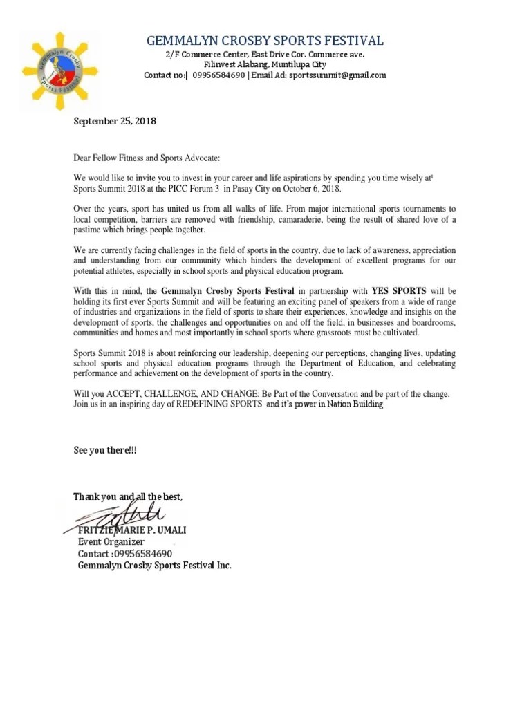 Invitation Letter Sports Summit Sports Leadership