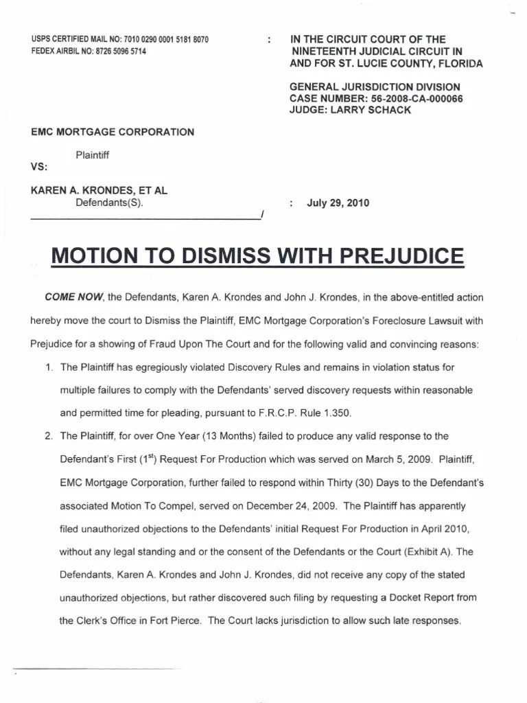 Motion to Dismiss With Prejudice Lawsuit Pleading