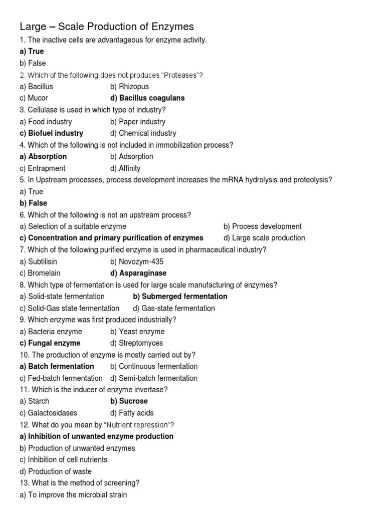 Enzyme MCQS With Answers PDF Enzyme Fermentation