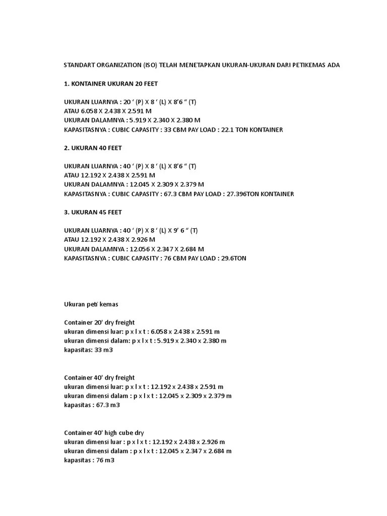 1 Container 20 Feet Berapa Meter Kubik