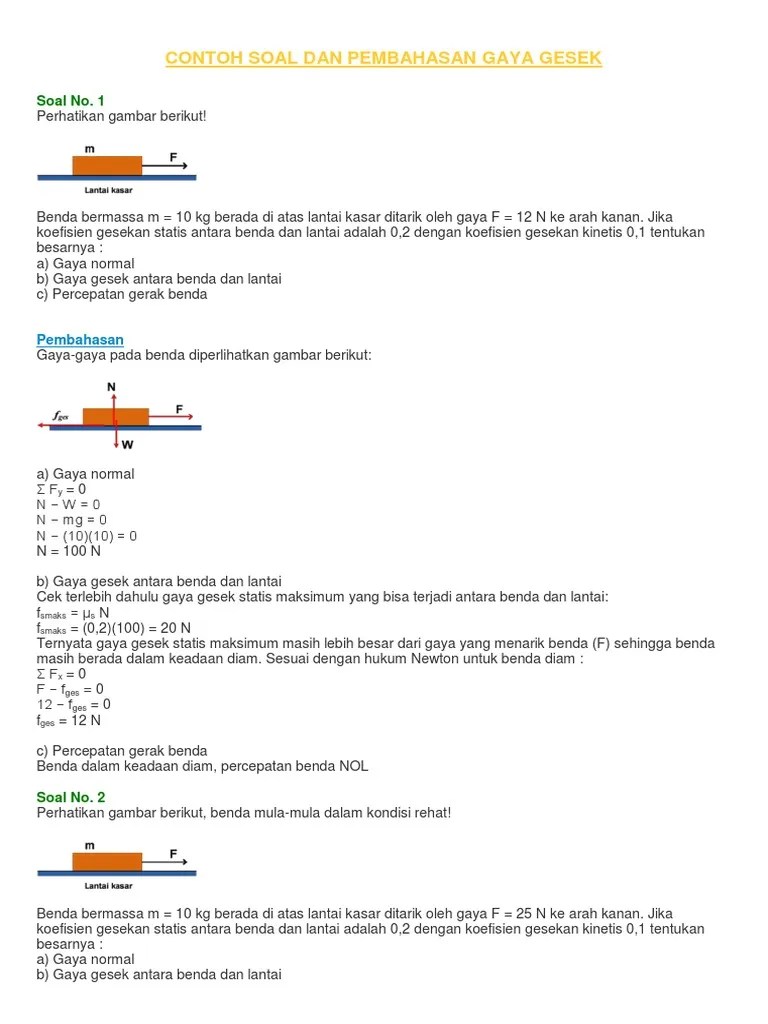 Contoh Soal Dan Pembahasan Gaya Gesek | PDF