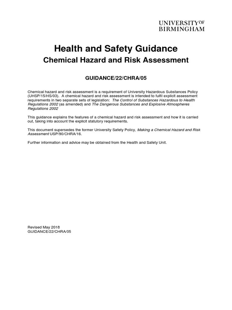Health and Safety Guidance Chemical Hazard and Risk Assessment PDF Dangerous Goods Risk