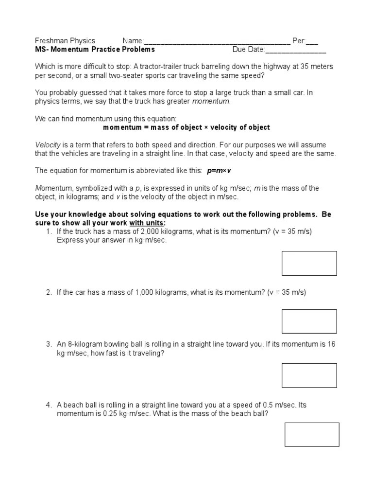 Momentum Worksheet Answer Key