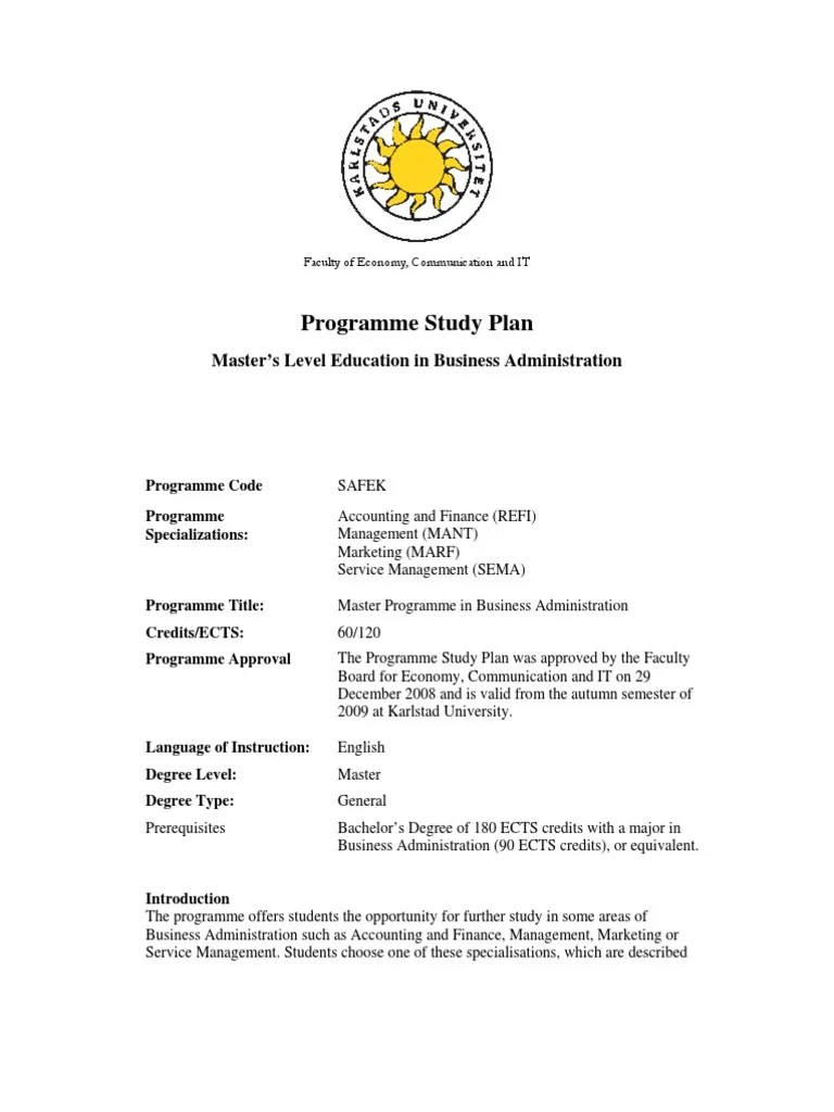 Programme Study Plan Master’s Level Education in Business