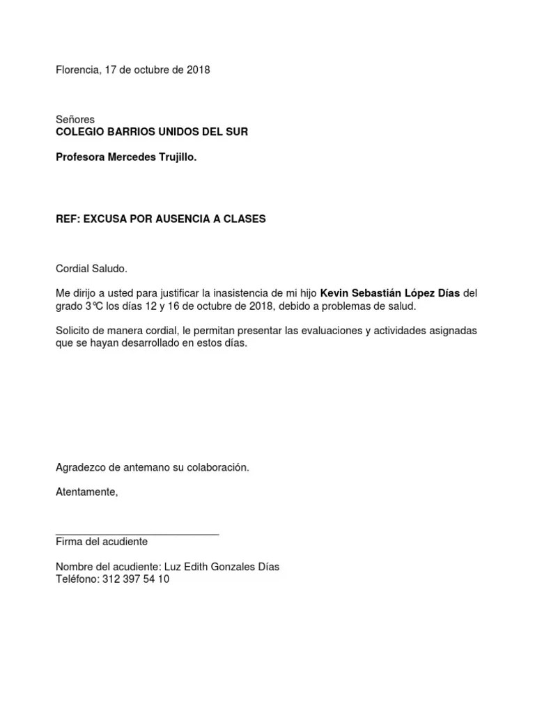 Ejemplo De Excusa Escolar