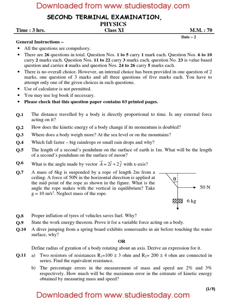 CBSE Class 11 Physics Sample Paper With Answers 2018 PDF Potential