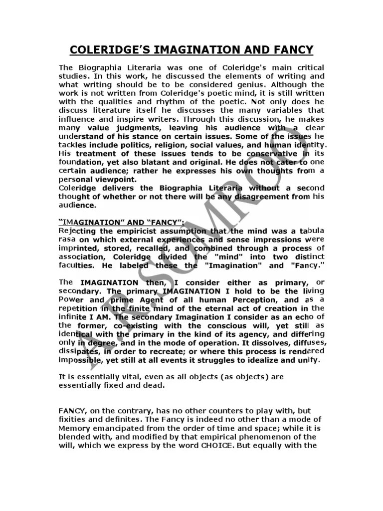 Coleridge's Imagination and Fancy PDF Samuel Taylor Coleridge