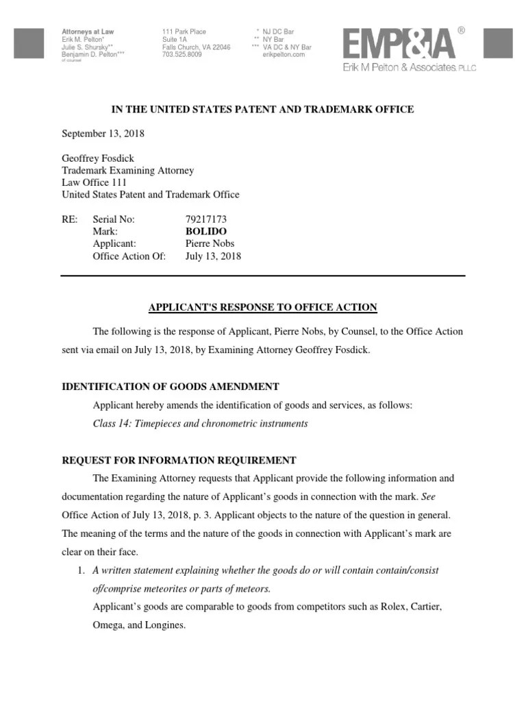 Sample USPTO Trademark Office Action Response for Likelihood of Confusion United States Patent