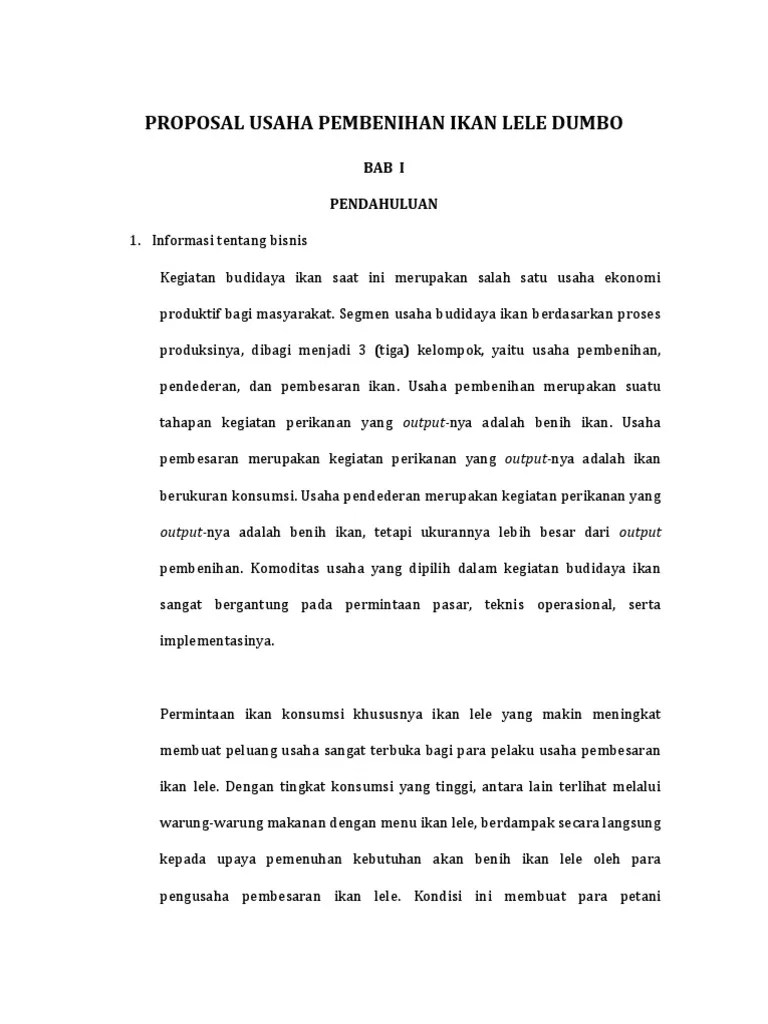Proposal Usaha Pembenihan Ikan Lele Dumbo | PDF