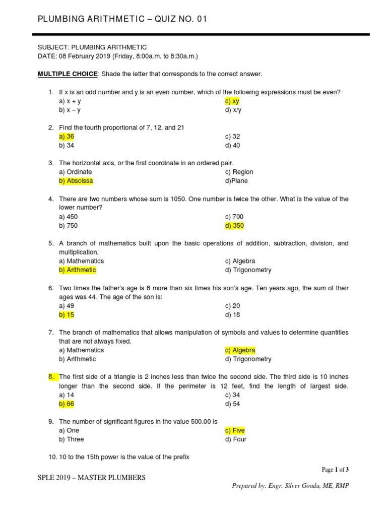 SPLE - Plumbing Arithmetic - Quiz No. 01 - Answer Key | PDF