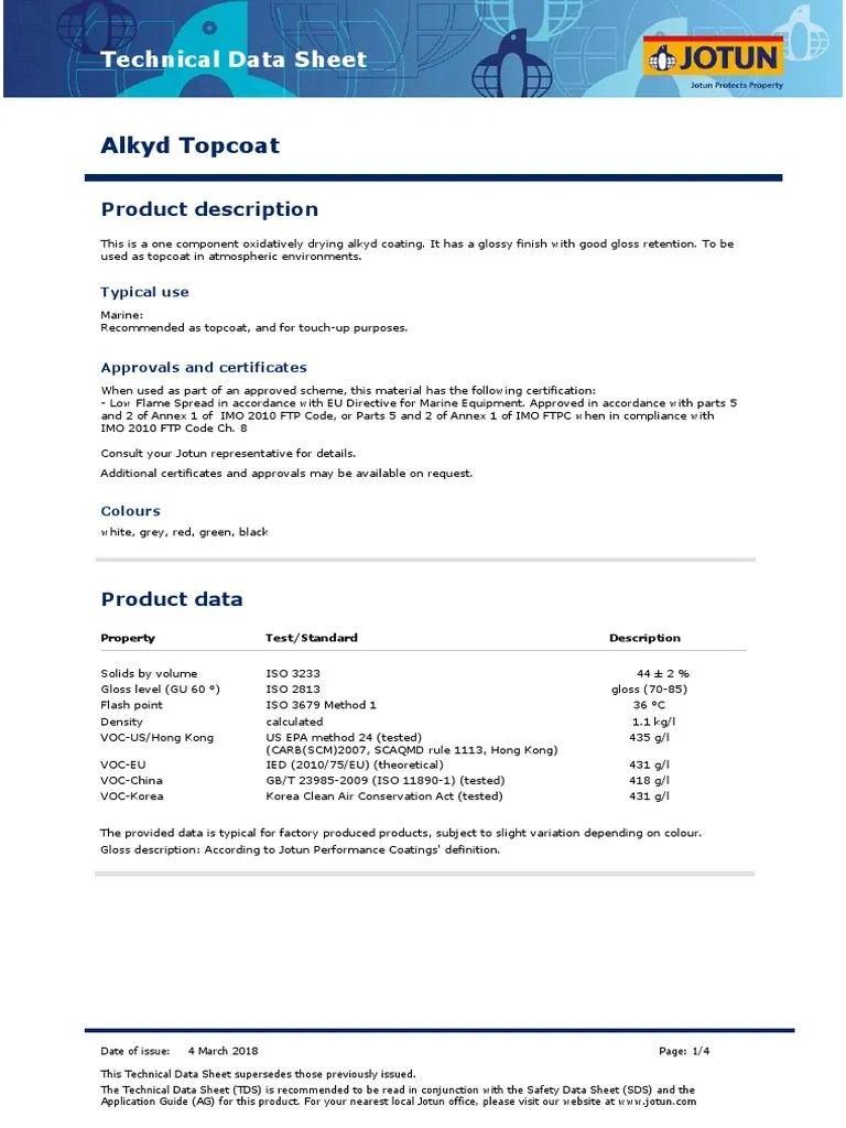 Alkyd Topcoat Technical Data Sheet Jotun Paint PDF Materials Nature