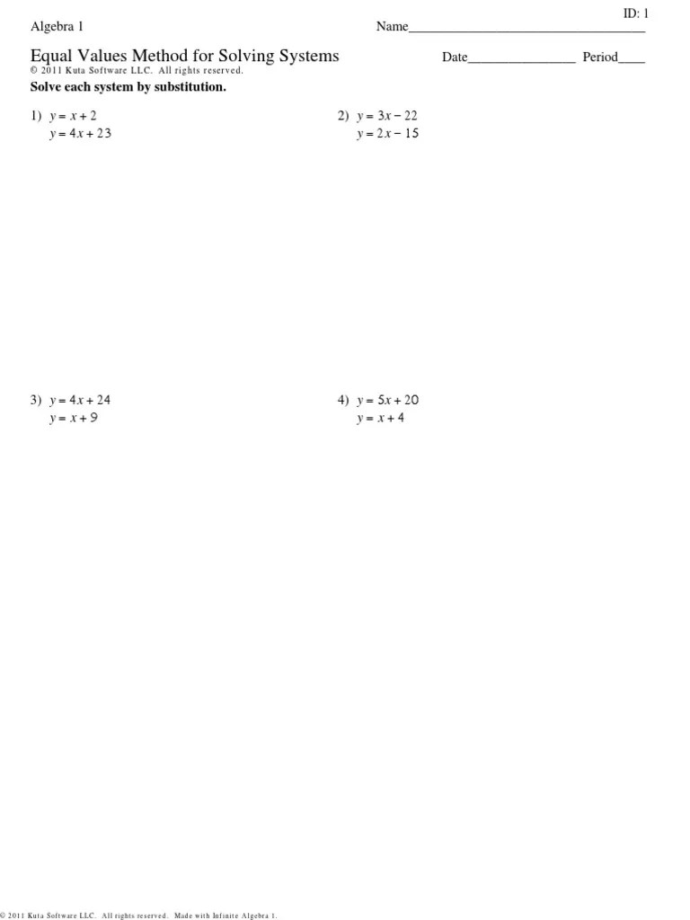 Algebra 1 Equal Values Method For Solving Systems PDF Algebra Teaching Mathematics