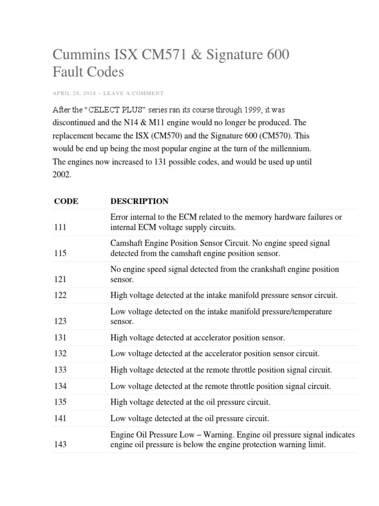 Cummins ISX CM571 & Signature 600 Fault Codes Throttle Fuel Injection