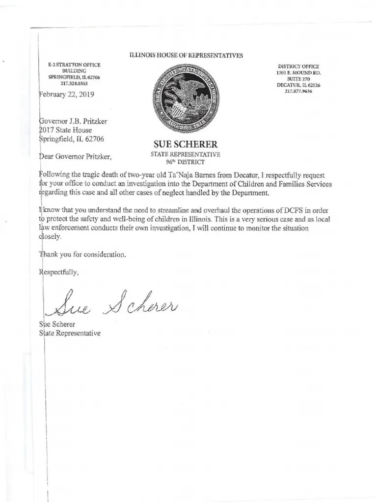 Rep. Sue Scherer That Says She Has Called For A Hearing With DCFS PDF