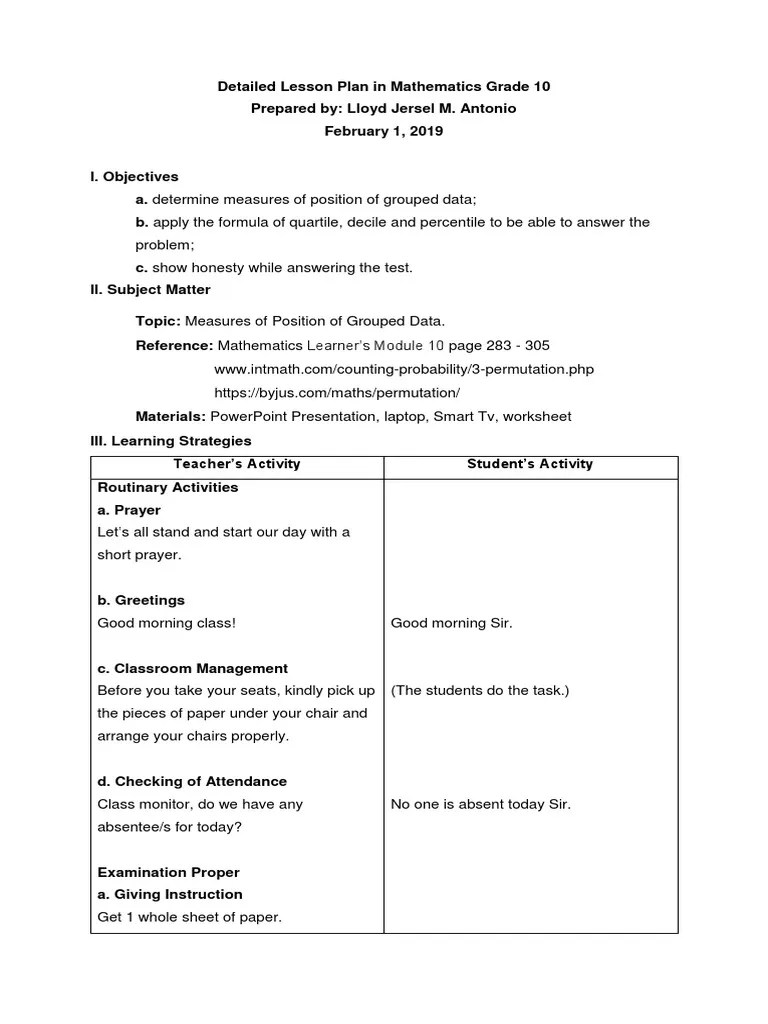 Measures of Position PDF Worksheet Lesson Plan