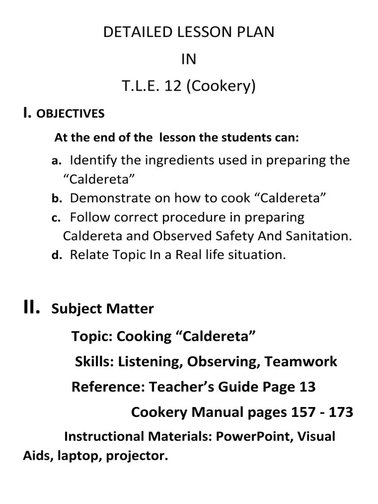 Detailed Lesson Plan in Cookery Lesson Plan Chili Pepper