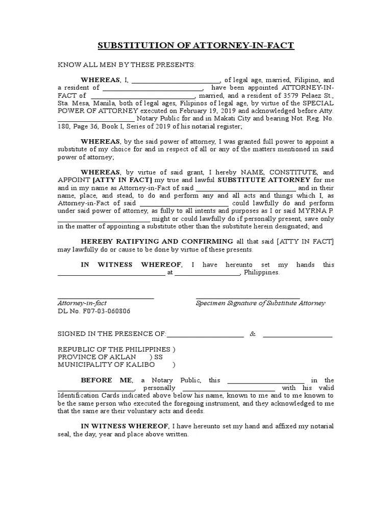 Attorney in Fact Substitution PDF Power Of Attorney Notary Public