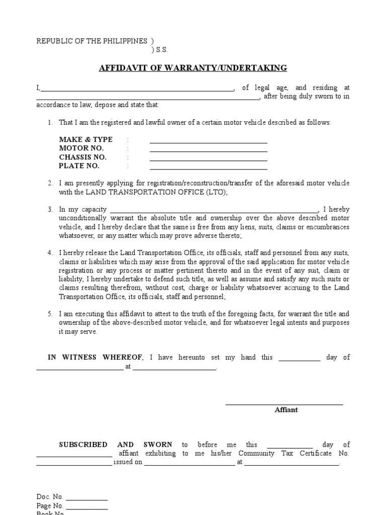 Affidavit of Warranty