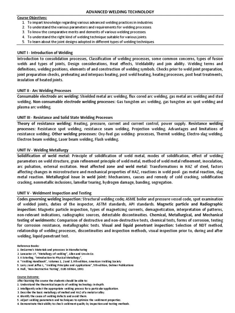 Advanced Welding Technology Syllabus Welding Electric Arc