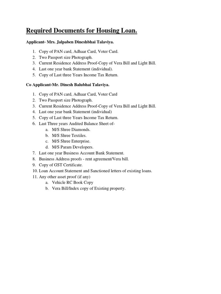 Required Documents For Housing Loan PDF