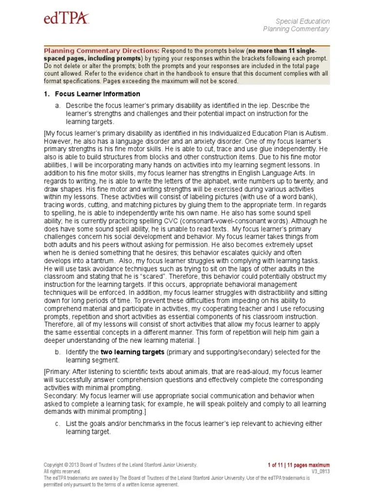 Sample.EDTPA Special Ed Planning Commentary.Mazzotta, Lauren Planning
