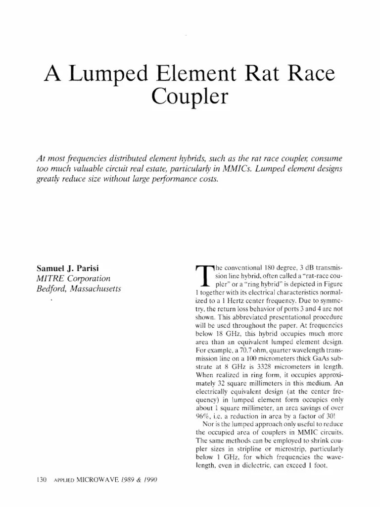 Lumped Element Rat Race Coupler PDF Electrical Network Transmission Line