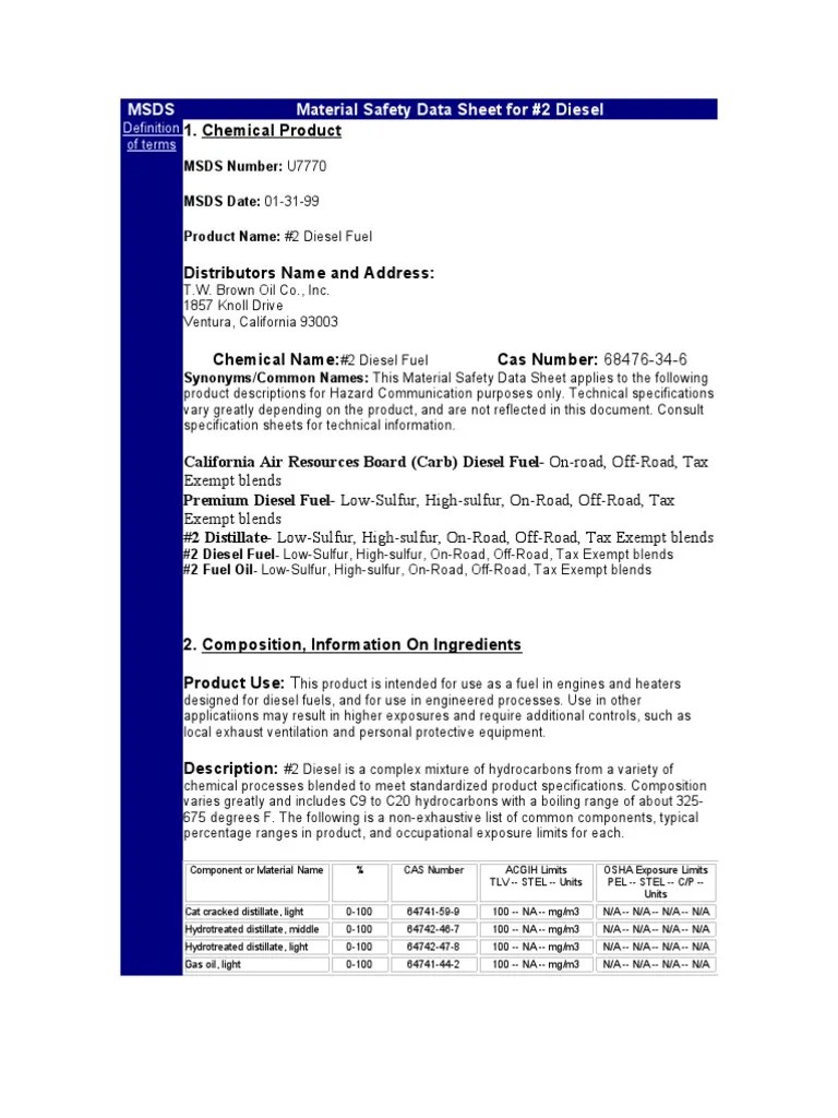 Msds Material Safety Data Sheet For 2 Diesel of Terms PDF