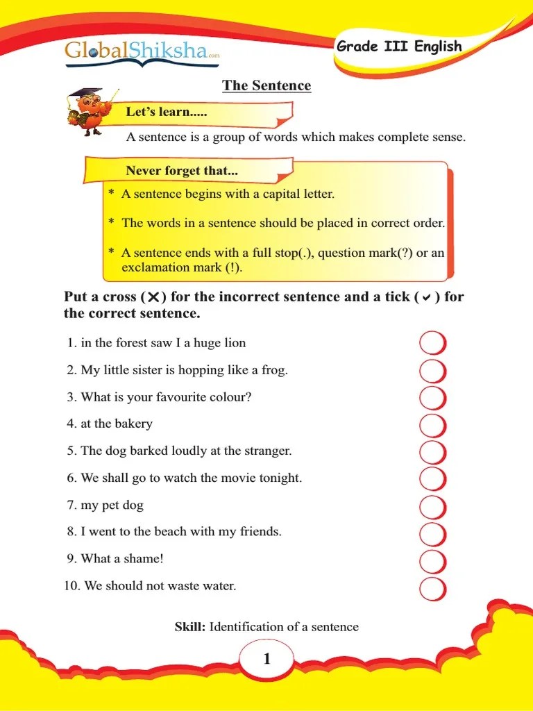 Grade 3 English Worksheet Sentence (Linguistics) Language Mechanics