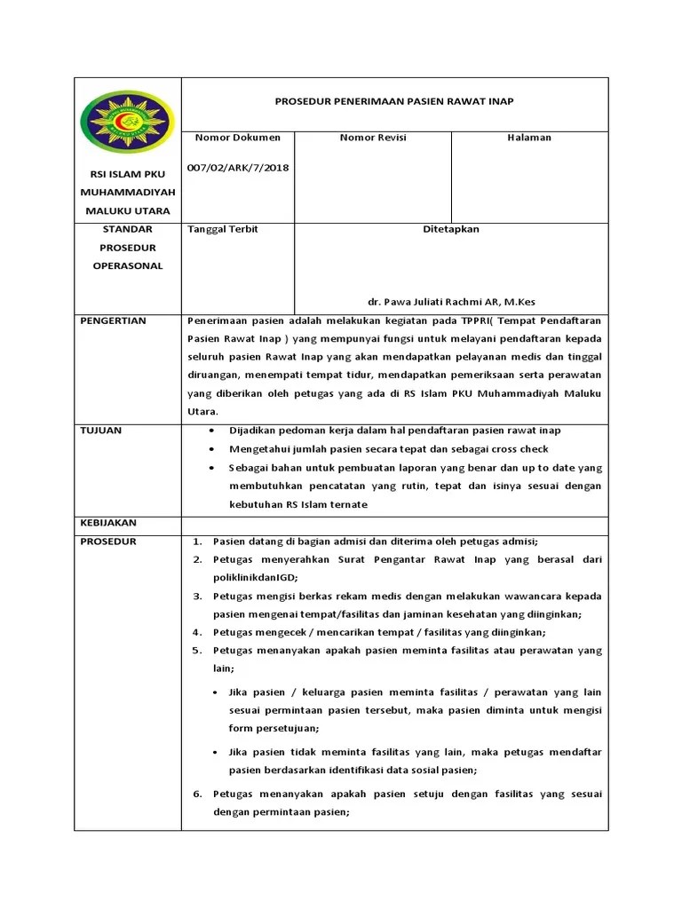 SPO Penerimaan Pasien Rawat Inap (EDIT 2) | PDF