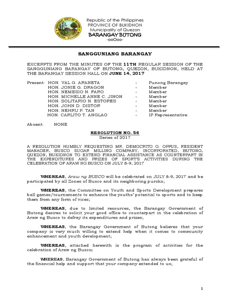 Resolution 56'2017 Araw NG Busco Requesting Financial Assistance