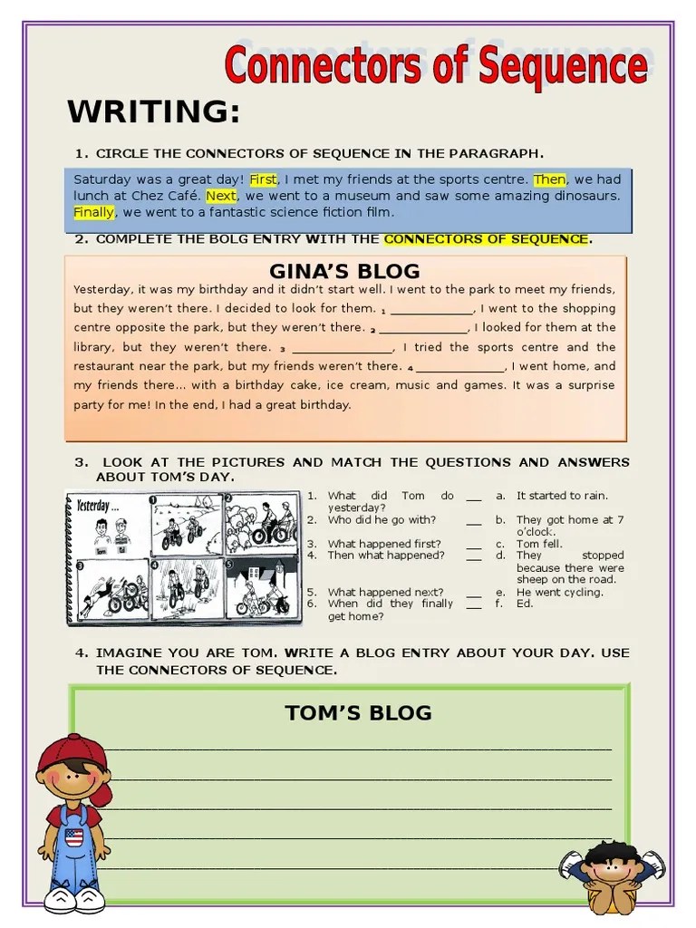 Writing Connectors of Sequence Picture Description Exercises Tests