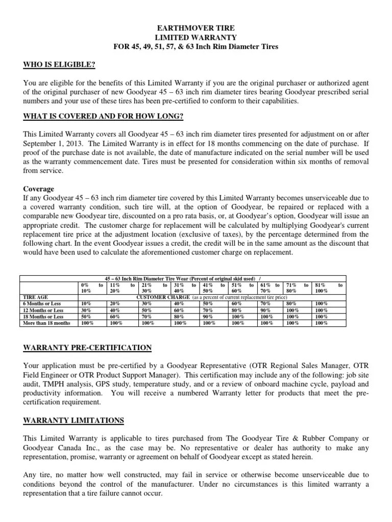 Goodyear OTR Warranty PDF Goodyear Tire And Rubber Company Tire