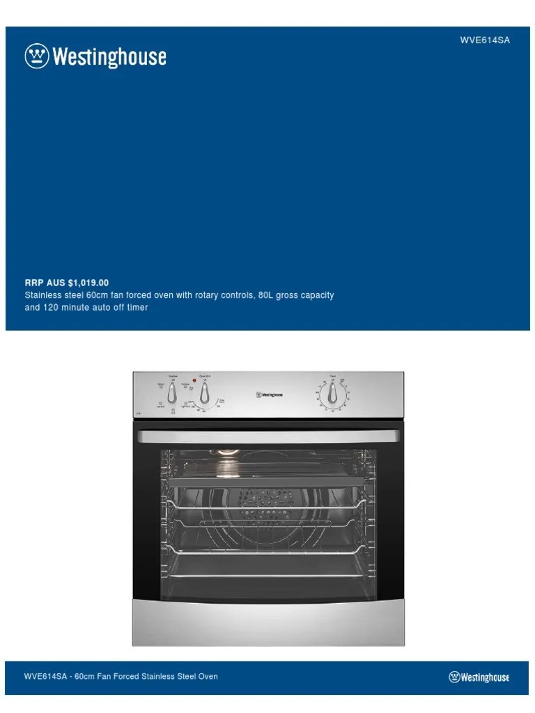 Westinghouse WVE614SA Electric Built in Oven Specifications Sheet PDF