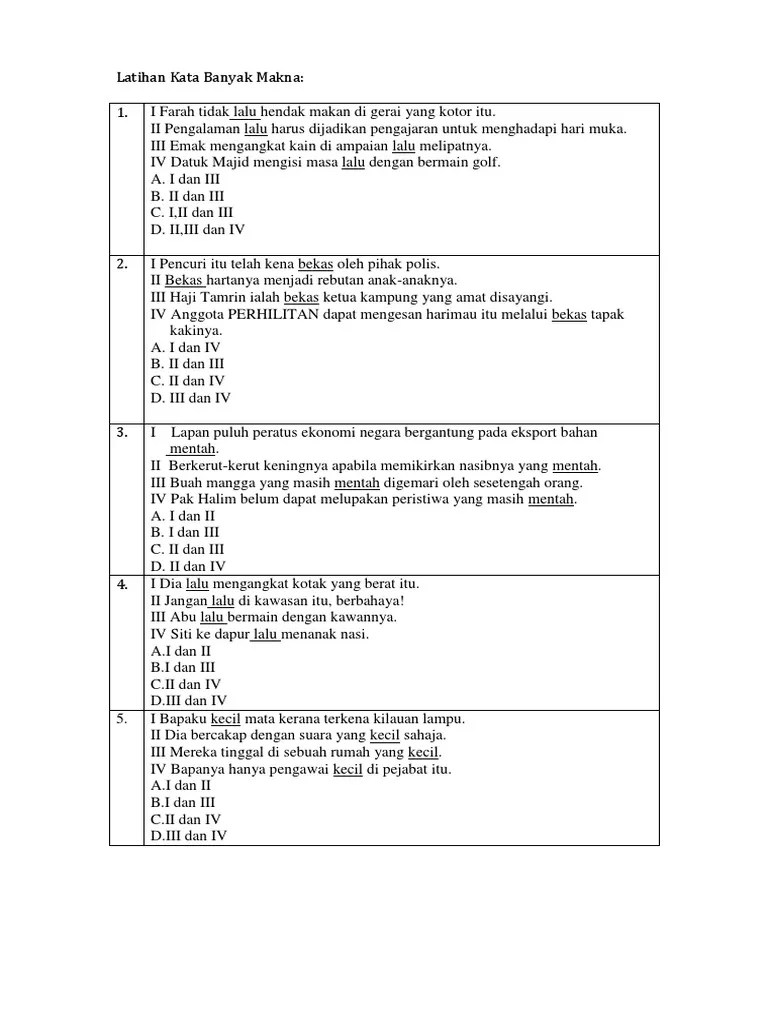 Latihan Kata Banyak Makna