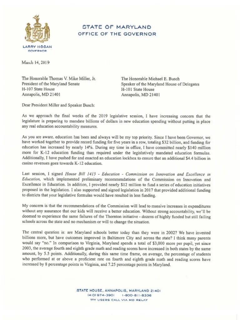 Letter From Governor to Presiding Officers