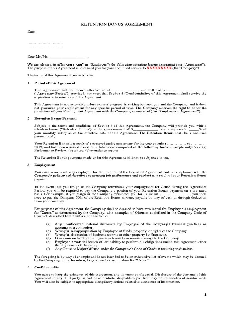 Retention Bonus Agreement Template Employment