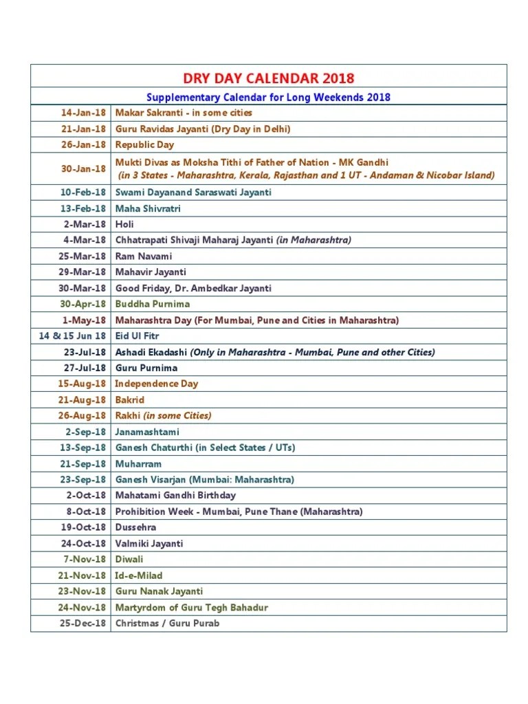 Dry Day Calendar 2018 PDF